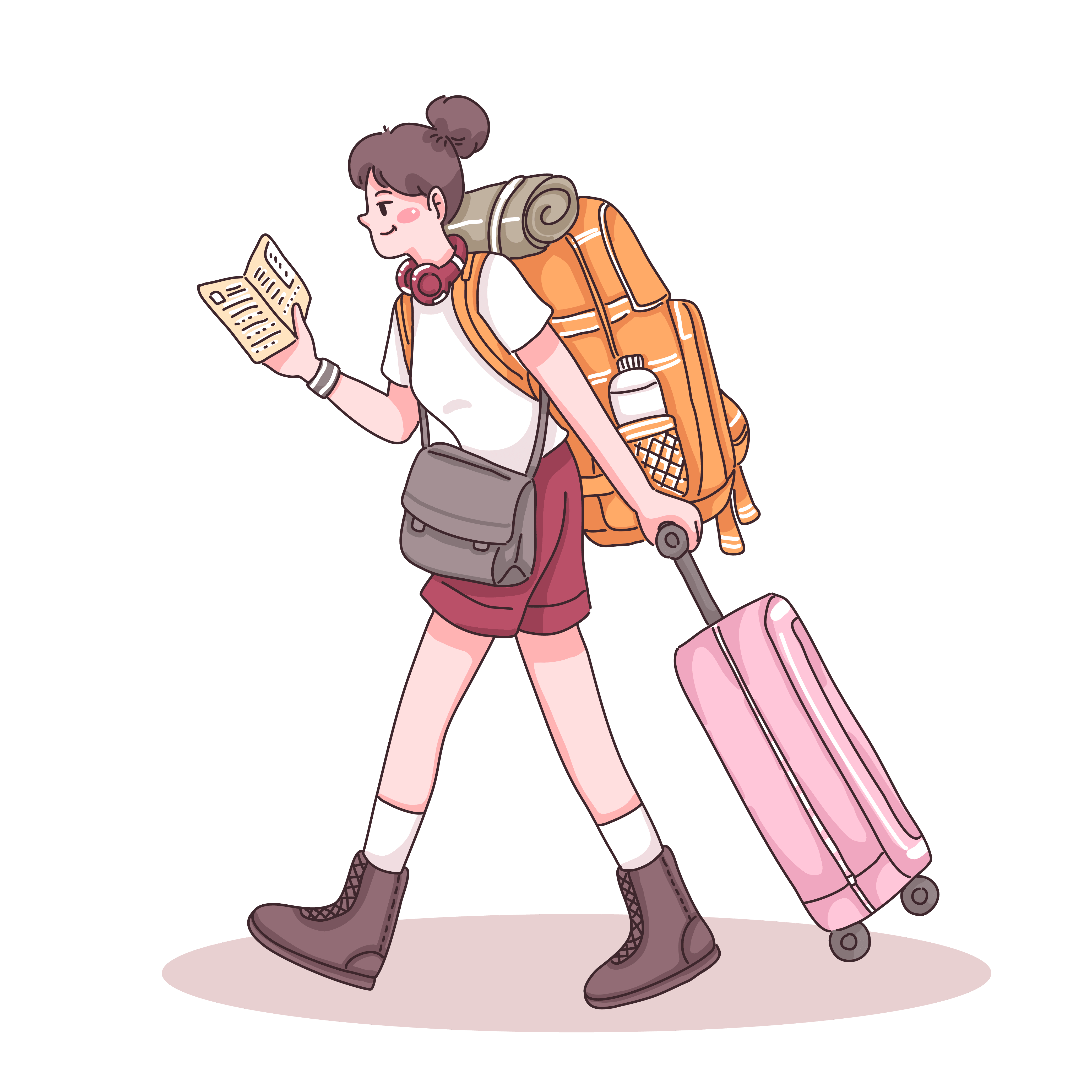 girl walking with a printed guide and luggage